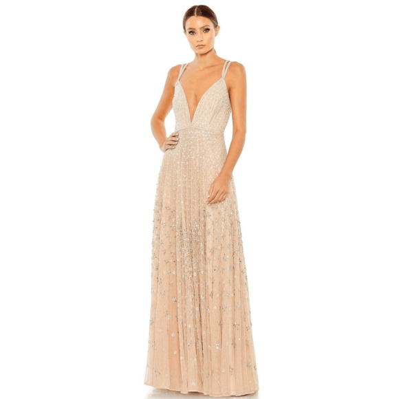 Mac Duggal NWT Plunging V-Neck Line Dress in Nude Silver Size 16